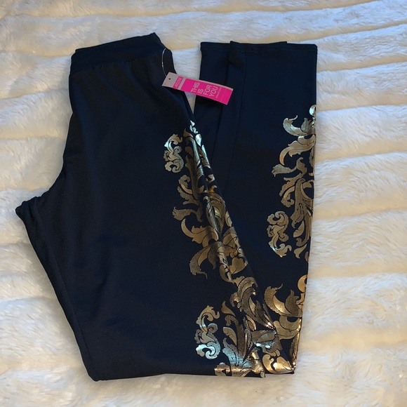 Y2k gold metallic foil filigree black leggings skinny pants M - Picture 4 of 13